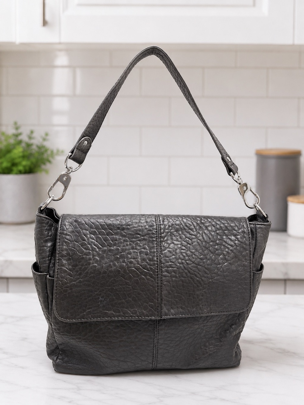 Thirty-One Jewel Shoulder Bag Gray Pebbled Faux Leather Silver Hardware